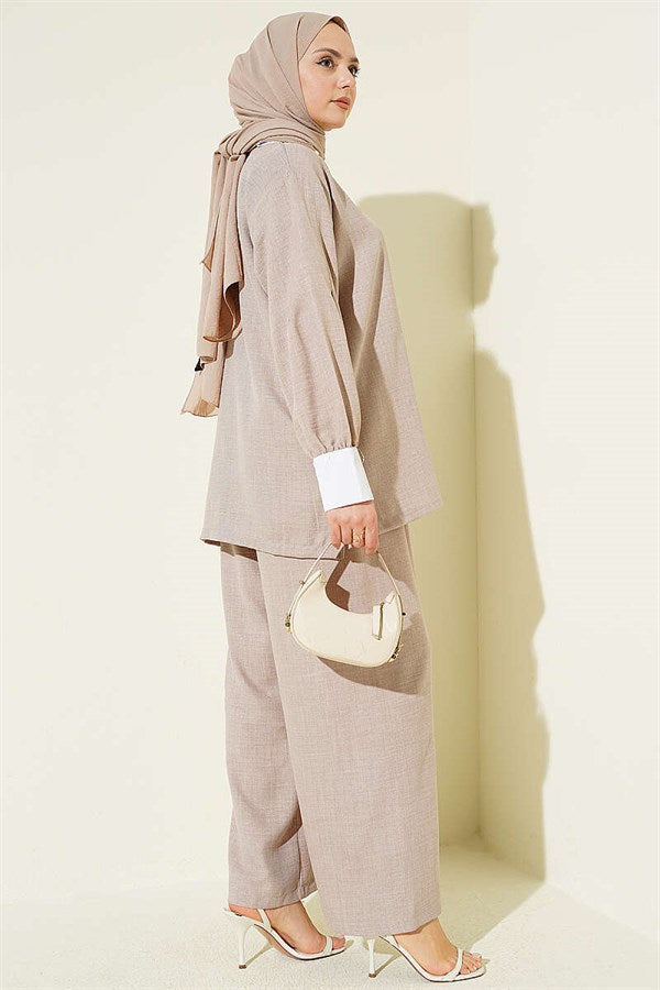 Shirt Collar Embellished Loose 2 Piece Set in Powder Pink