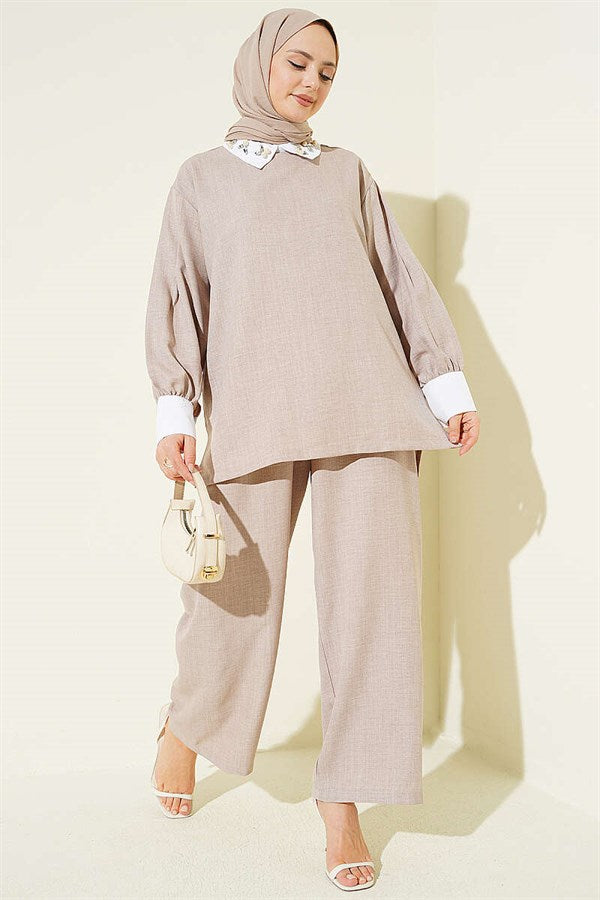 Shirt Collar Embellished Loose 2 Piece Set in Powder Pink