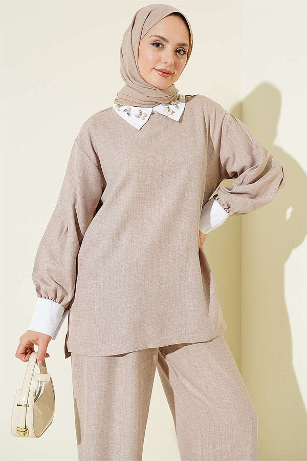 Shirt Collar Embellished Loose 2 Piece Set in Powder Pink