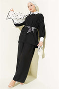 Shirt Collar Embellished Loose Fit 2 Piece Set, Black