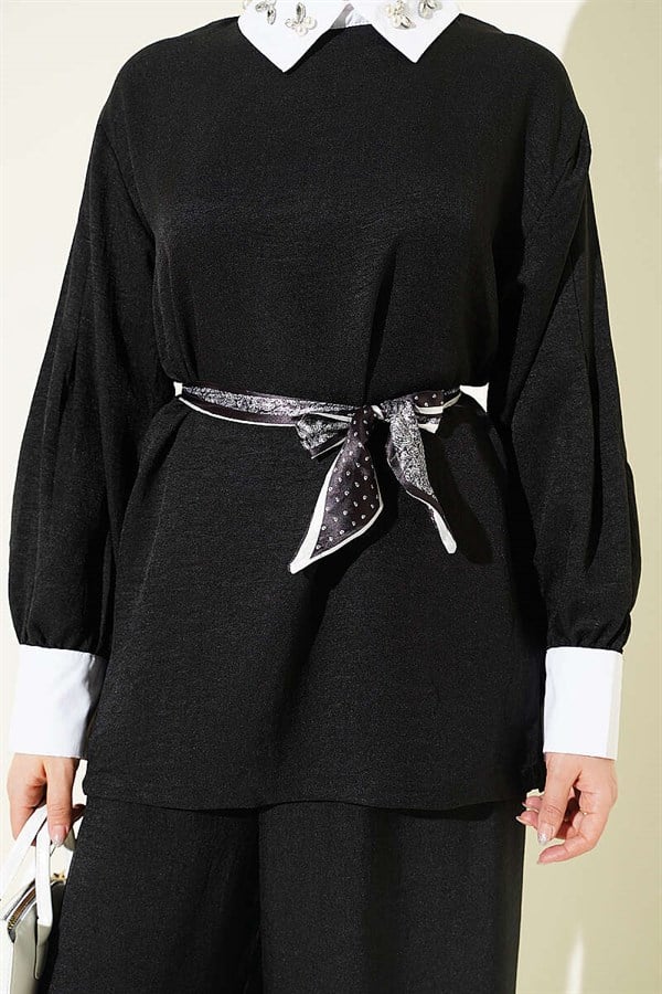Shirt Collar Embellished Loose Fit 2 Piece Set, Black