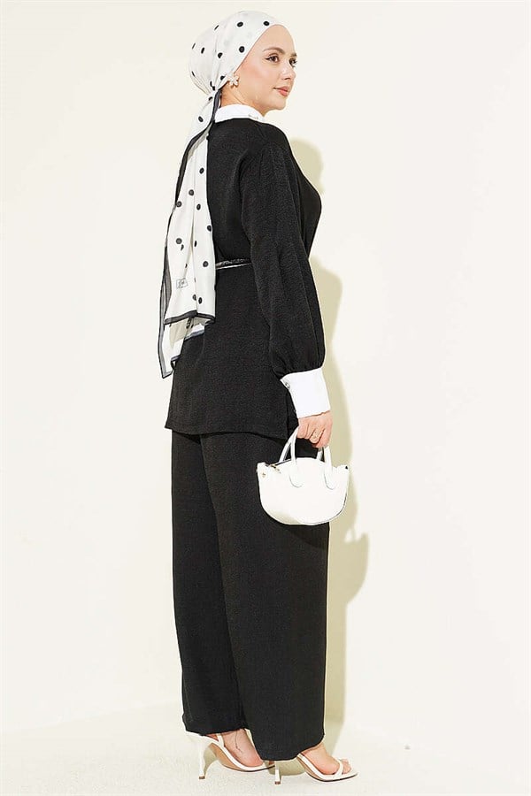 Shirt Collar Embellished Loose Fit 2 Piece Set, Black