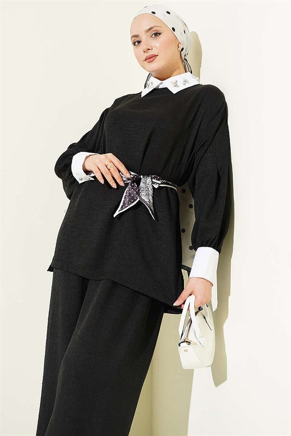 Shirt Collar Embellished Loose Fit 2 Piece Set, Black