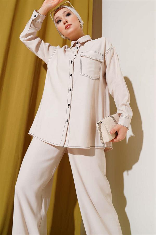 Shirt Collar Single Pocket 2 Piece Set Beige