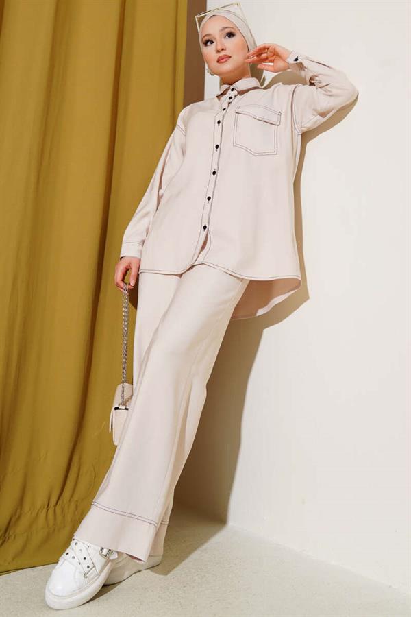 Shirt Collar Single Pocket 2 Piece Set Beige