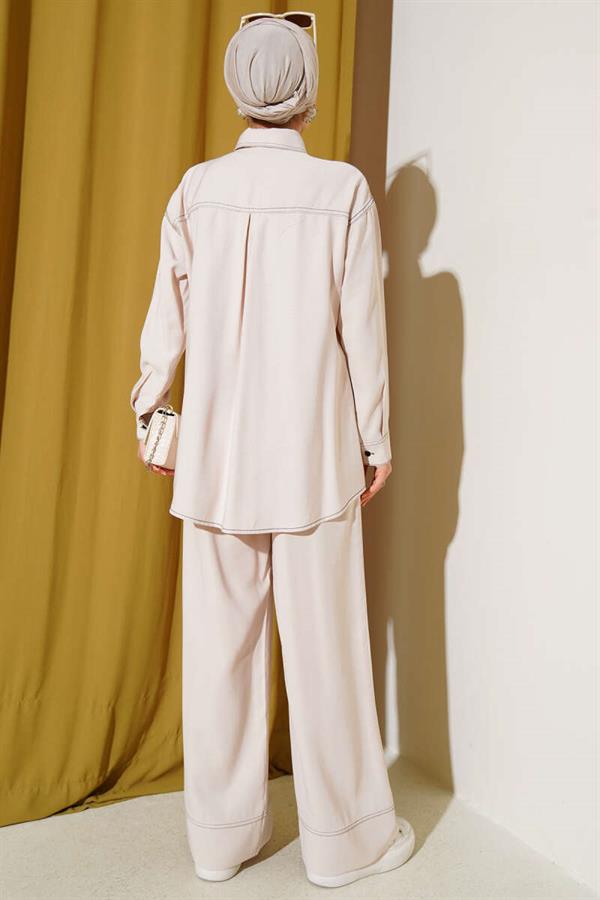 Shirt Collar Single Pocket 2 Piece Set Beige