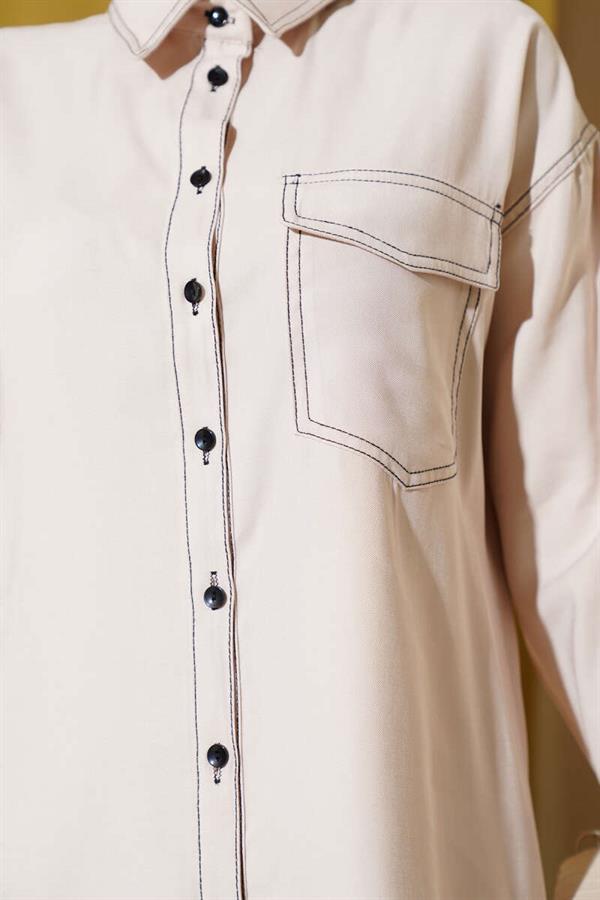 Shirt Collar Single Pocket 2 Piece Set Beige