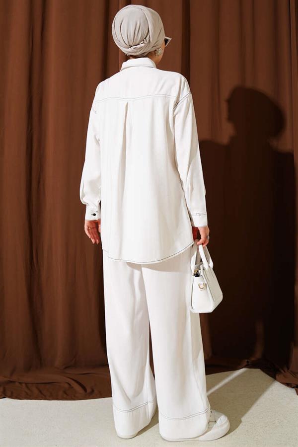 Shirt Collar Single Pocket 2 Piece Set White