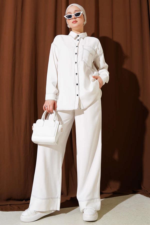 Shirt Collar Single Pocket 2 Piece Set White