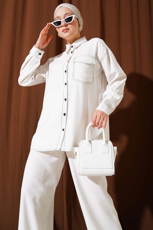 Shirt Collar Single Pocket 2 Piece Set White