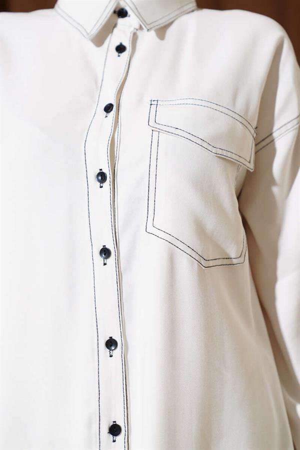 Shirt Collar Single Pocket 2 Piece Set White