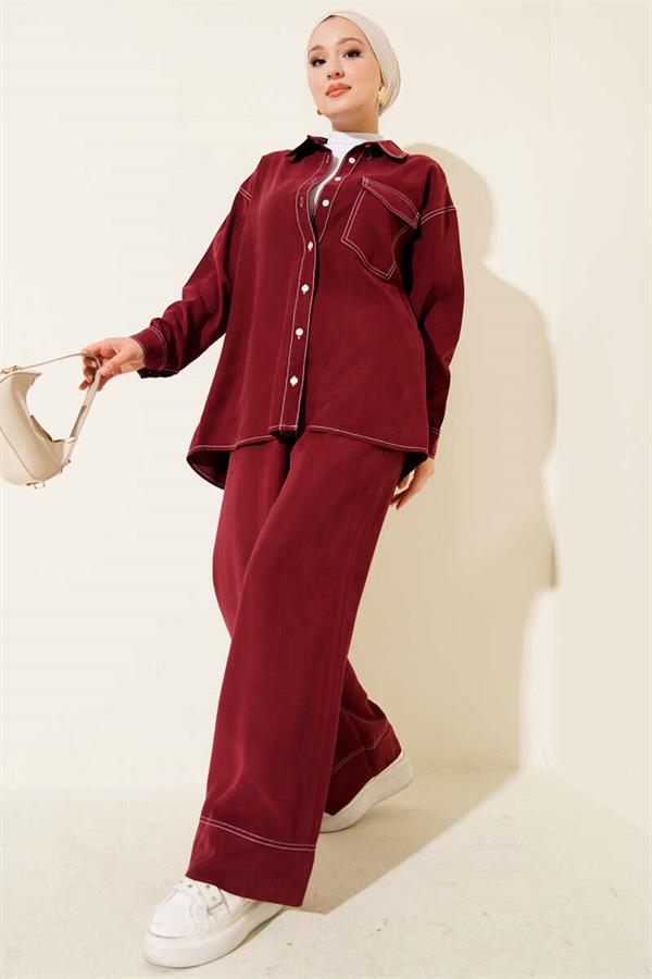 Shirt Collar Single Pocket 2 Piece Set Burgundy