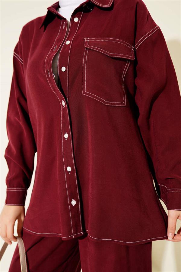 Shirt Collar Single Pocket 2 Piece Set Burgundy