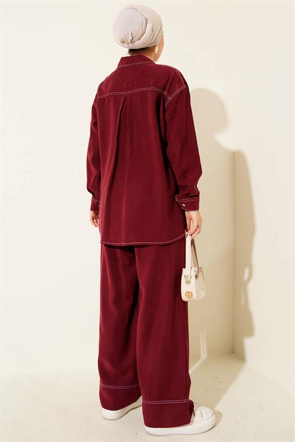 Shirt Collar Single Pocket 2 Piece Set Burgundy