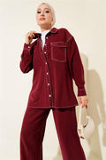 Shirt Collar Single Pocket 2 Piece Set Burgundy