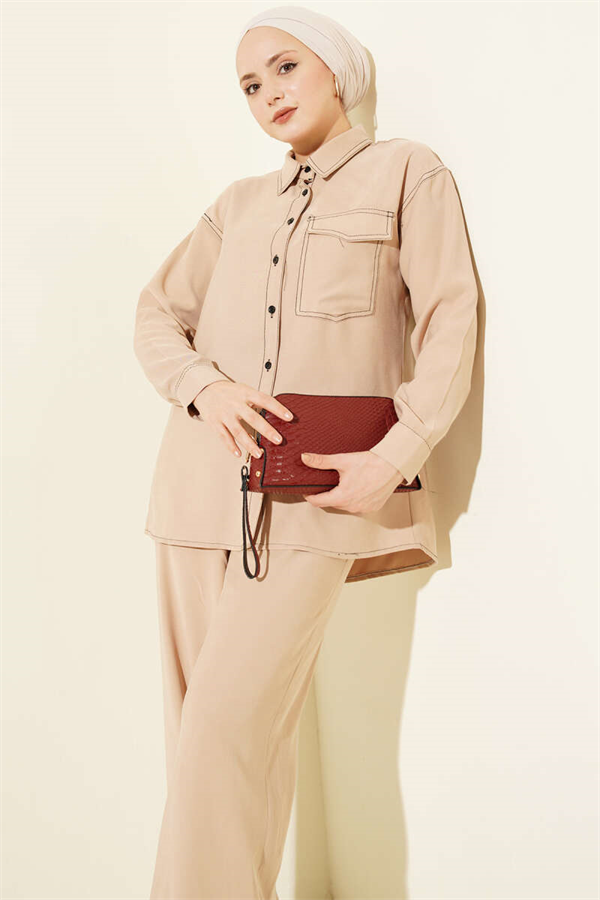 Shirt Collar Single Pocket 2 Piece Set Latte