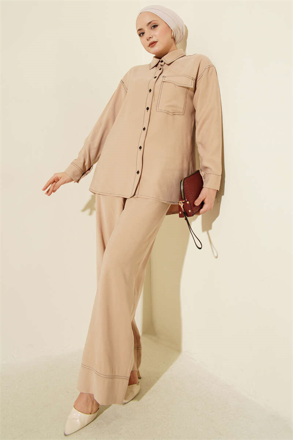 Shirt Collar Single Pocket 2 Piece Set Latte