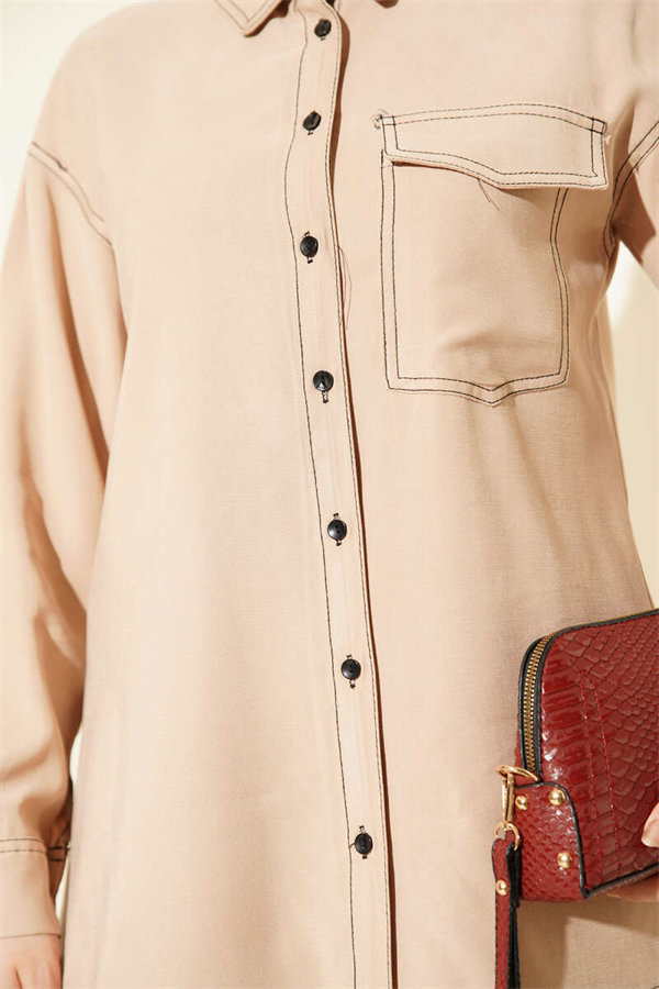 Shirt Collar Single Pocket 2 Piece Set Latte