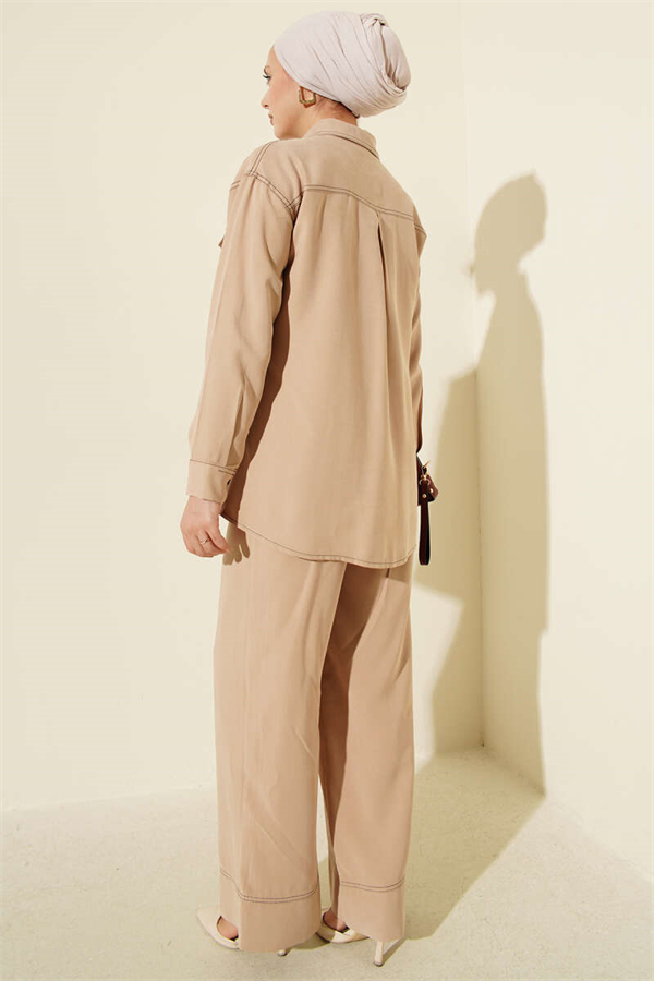 Shirt Collar Single Pocket 2 Piece Set Latte