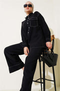 Shirt Collar Single Pocket 2 Piece Set Black