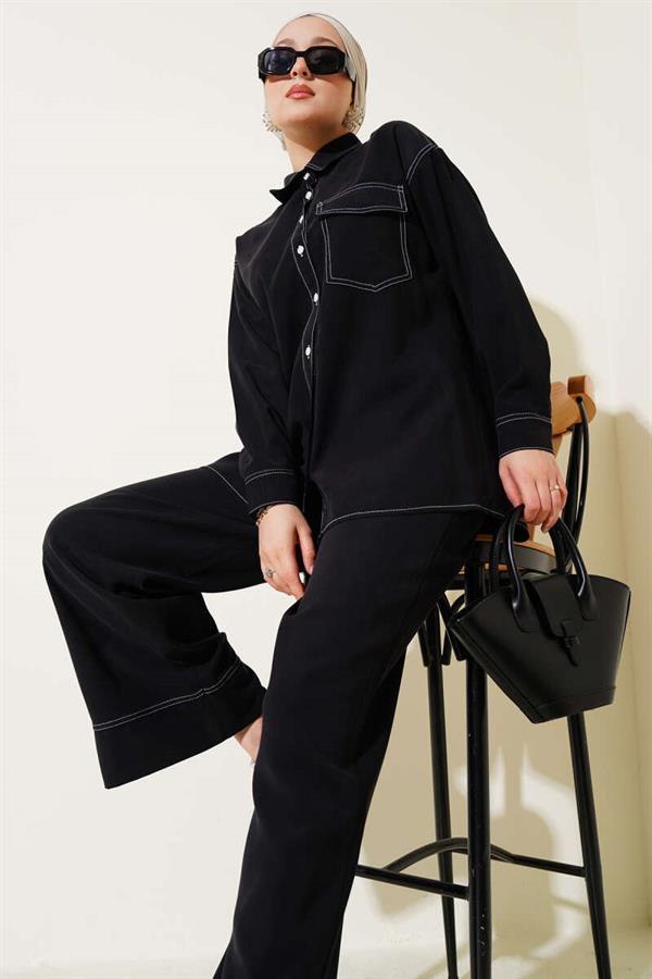 Shirt Collar Single Pocket 2 Piece Set Black