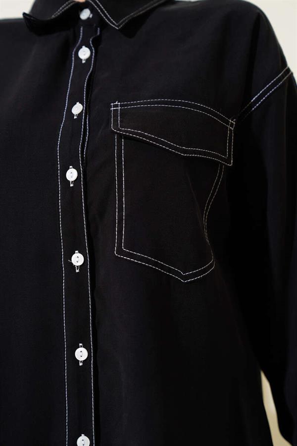 Shirt Collar Single Pocket 2 Piece Set Black