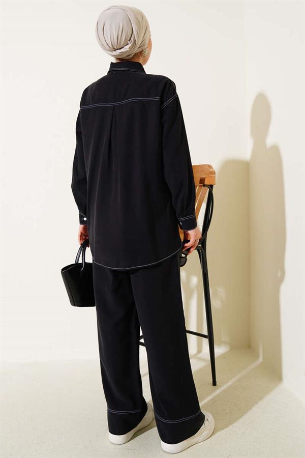 Shirt Collar Single Pocket 2 Piece Set Black