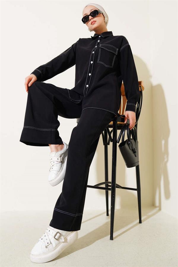 Shirt Collar Single Pocket 2 Piece Set Black