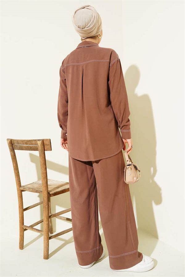 Shirt Collar Single Pocket 2 Piece Set Tan