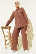 Shirt Collar Single Pocket 2 Piece Set Tan