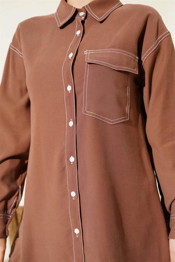 Shirt Collar Single Pocket 2 Piece Set Tan