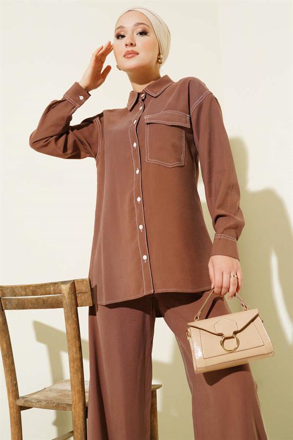 Shirt Collar Single Pocket 2 Piece Set Tan