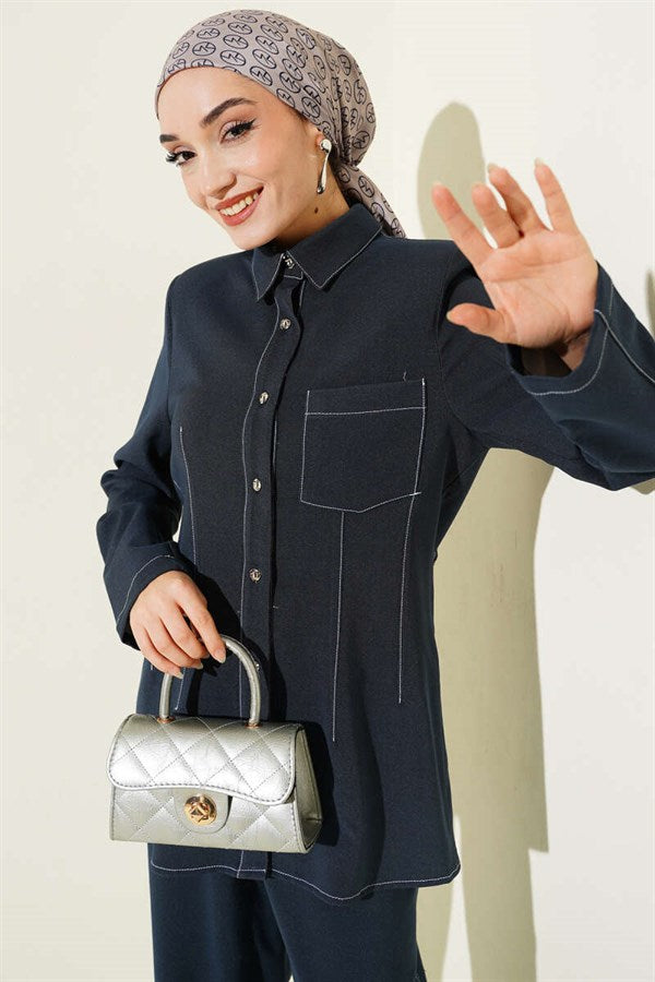 Shirt Collar Single Pocket 2 Piece Set Navy Blue