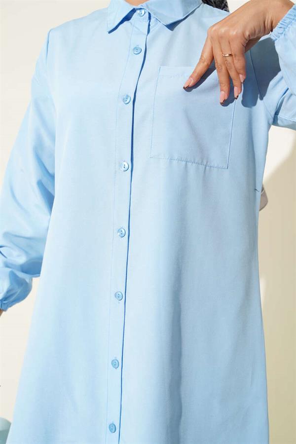 Shirt Collar Single Pocket Long Shirt Baby Blue