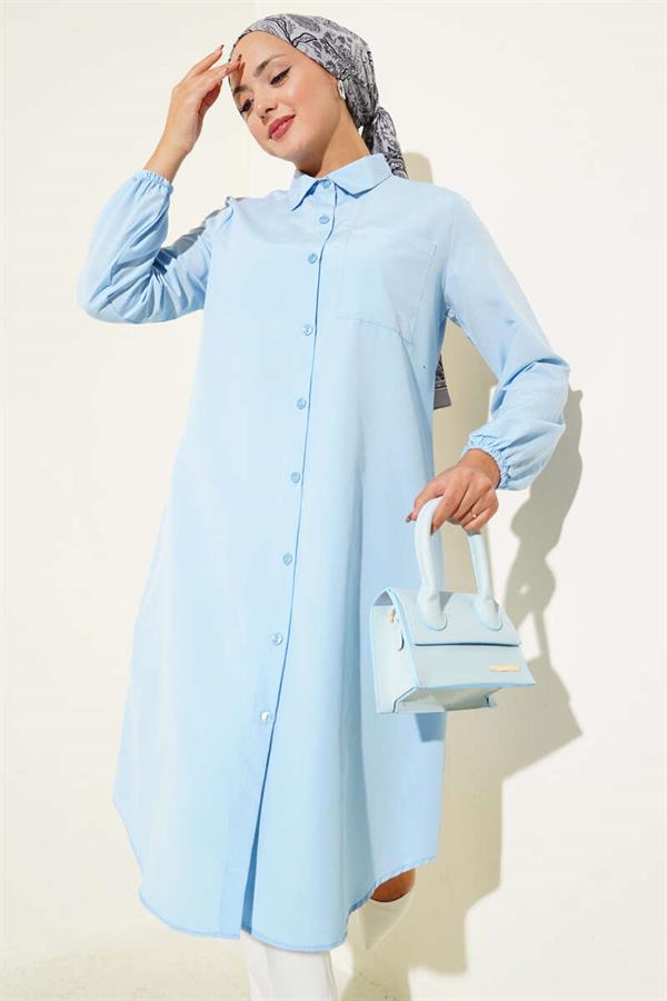 Shirt Collar Single Pocket Long Shirt Baby Blue