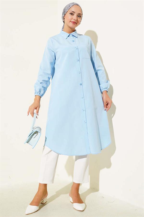 Shirt Collar Single Pocket Long Shirt Baby Blue