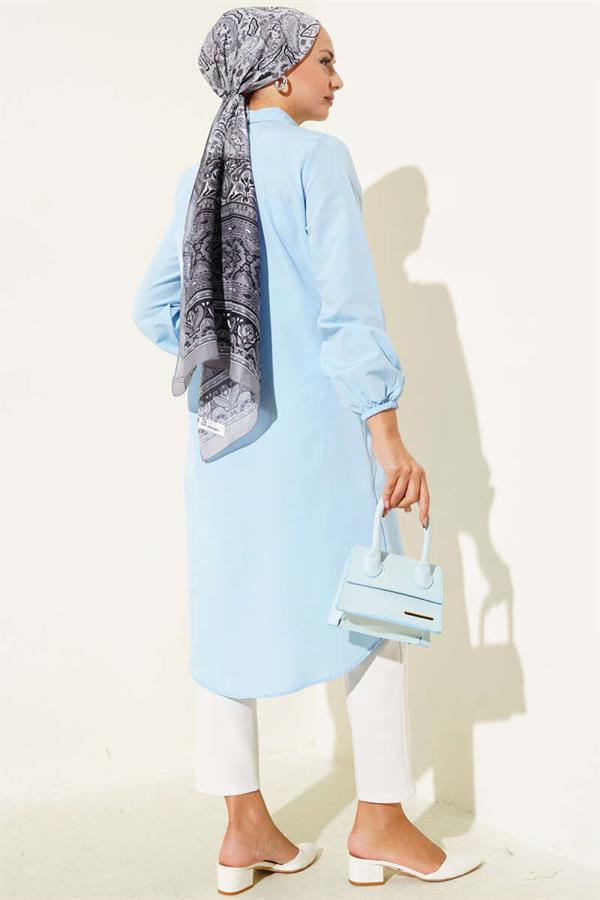 Shirt Collar Single Pocket Long Shirt Baby Blue