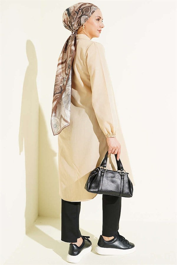 Shirt Collar Single Pocket Long Shirt Beige