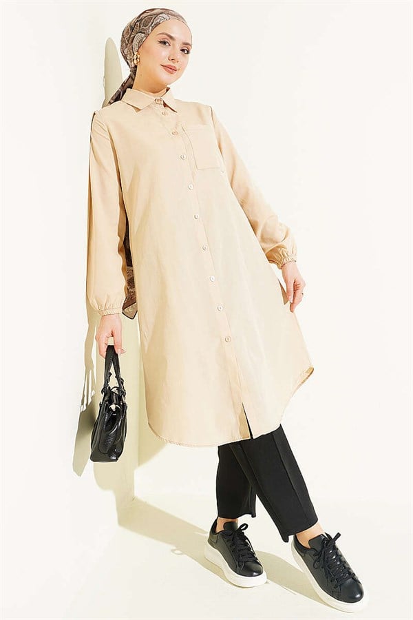 Shirt Collar Single Pocket Long Shirt Beige