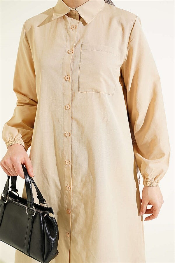 Shirt Collar Single Pocket Long Shirt Beige