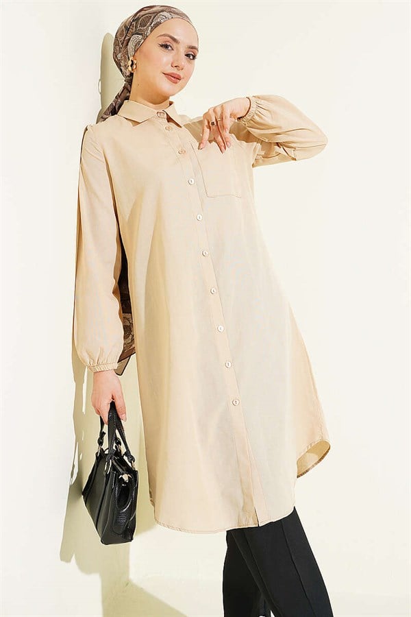 Shirt Collar Single Pocket Long Shirt Beige