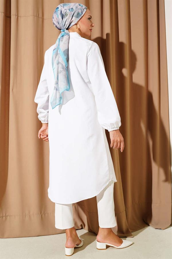 Shirt Collar Single Pocket Long Shirt White