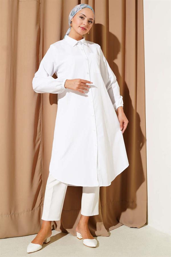 Shirt Collar Single Pocket Long Shirt White