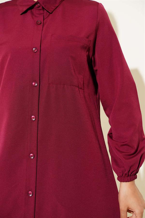 Shirt Collar Single Pocket Long Shirt Burgundy