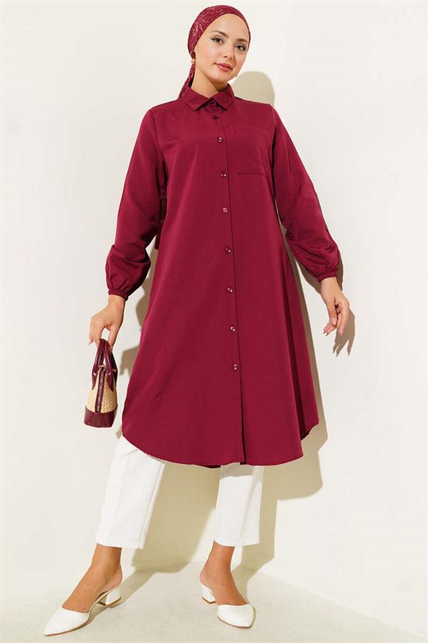 Shirt Collar Single Pocket Long Shirt Burgundy