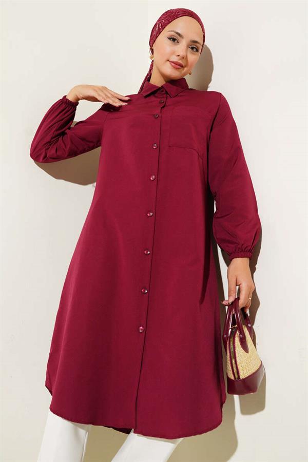 Shirt Collar Single Pocket Long Shirt Burgundy