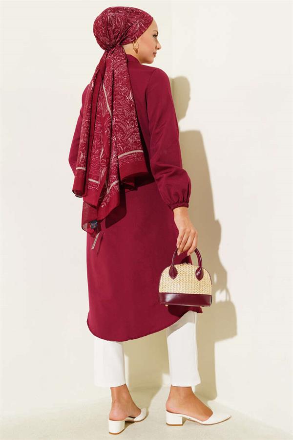 Shirt Collar Single Pocket Long Shirt Burgundy
