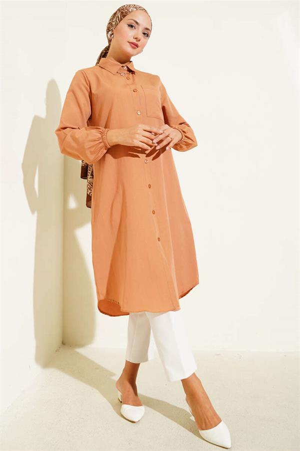 Shirt Collar Single Pocket Long Shirt Camel