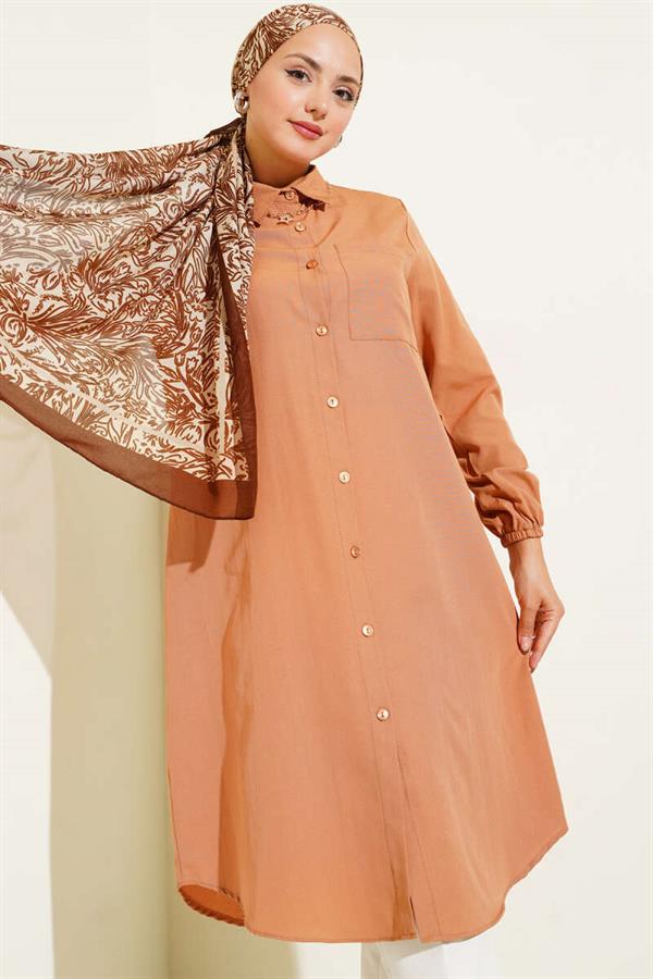 Shirt Collar Single Pocket Long Shirt Camel