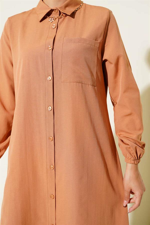 Shirt Collar Single Pocket Long Shirt Camel